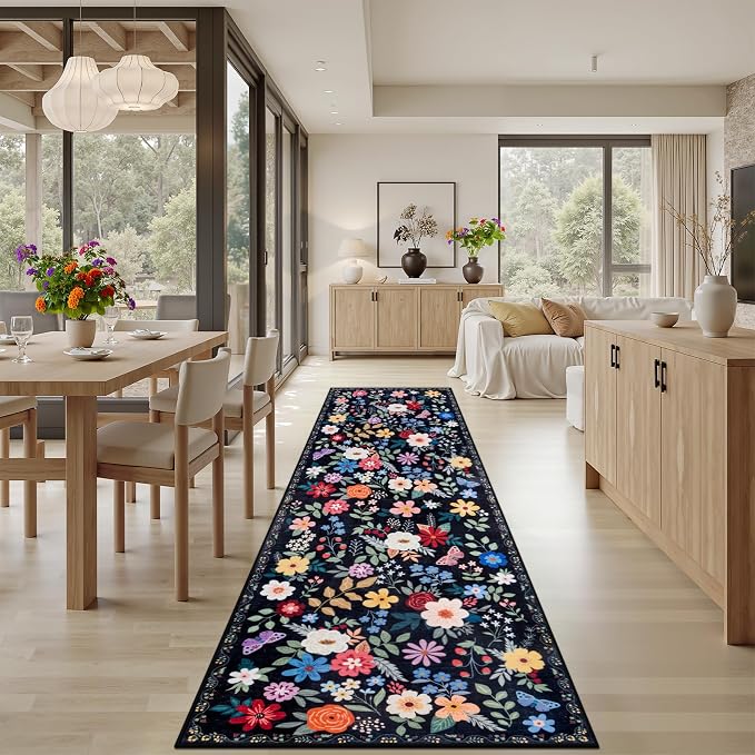 PLHXFR 3x10 Washable Runner Rug：Floral Indoor Kitchen Soft Carpet Black | - Image 4