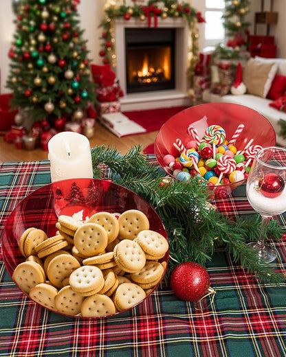 bUCLA 12 Pack Clear Red Plastic Serving Bowls - 54 OZ Christmas Angled Serving Bowls Disposable for Chip, Candy, Salad & Fruit - Ideal for X’mas Party