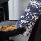 Thumb Oven Mitts, Heat and Slip Resistant Silicone Kitchen Mittens 2-Pack Set, Birds Flower Soft Long Oven Gloves, Flexible Thick Potholders for Safe Baking Cooking and Grilling (Navy)