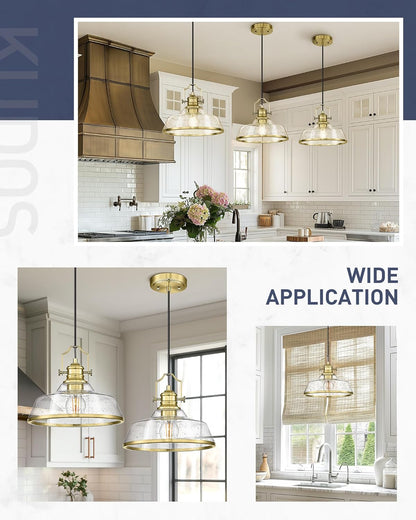 kudos 2 Pack Gold Pendant Lights Kitchen Island, 11" Brass Kitchen Island Lighting with Seeded Glass, Farmhouse Hanging Light Fixture for Kitchen Sink Dining Room Hallways, KDPL13-GD-S-2PK