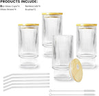 4 Pcs 11 oz Drinking Glasses Cups Set with Bamboo Lids Straws Brush Ribbed Vintage Glassware Set for Tea Iced Coffee Beer Cocktail Whiskey(Ribbed*4)