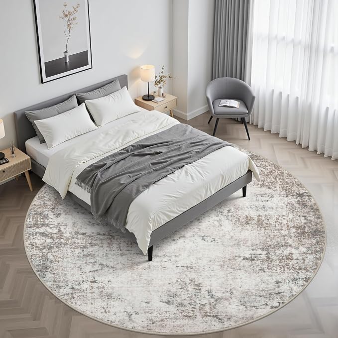 Round Area Rug Living Room: 8 ft Modern Washable Carpet Brown | - Image 2