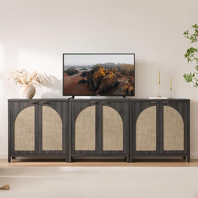 SICOTAS 102"W Rattan Sideboard Buffet Cabinet Set of 3, Modern Credenza Storage - Image 3