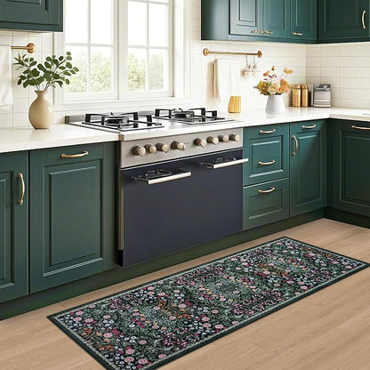 PLHXFR 2x6 Washable Runner Rug：Floral Indoor Kitchen Carpet Dark Green | - Image 6