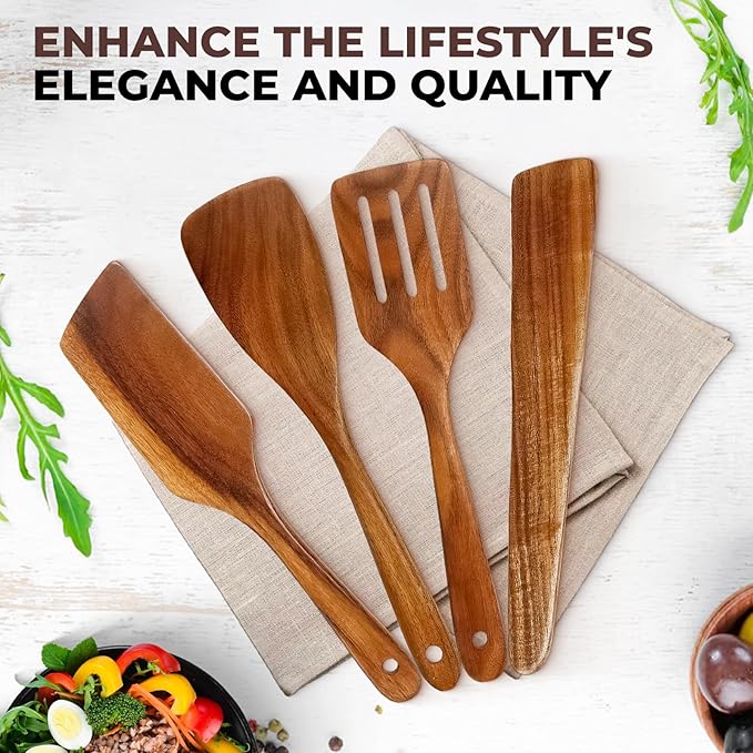 AIUHI Wooden Spatula for Cooking, Premium Teak Wood Cooking Utensils, NonStick Kitchen Utensils Set of 4 Contain Paddle, Turner Spatula, Slotted Spatula and Wood Scraper