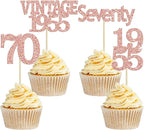 Gyufise 24Pcs 70th Birthday Cupcake Toppers Glitter Cheers to 70 Fabulous Seventy Vintage 1955 Cupcake Picks 70th Birthday Wedding Anniversary Party Cake Decorations Supplies Rose Gold
