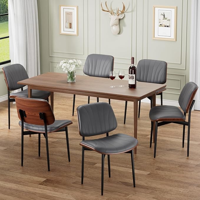 REONEY Dining Chairs Set of 6, Mid-Century Modern Upholstered PU Leather Chairs by REONEY