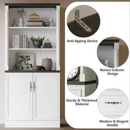 Bookshelf with Doors, Floor Standing Display Storage Cabinet - Image 4