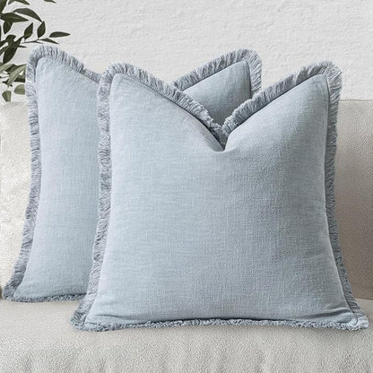 MIULEE Boho Linen Fringe Decorative Throw Pillow Covers Sky Blue 18x18 | Set of by MIULEE