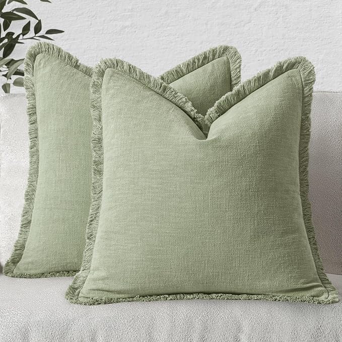 MIULEE Linen Fringe Decorative Euro Throw Pillow Covers Sage Green 22x22 | Set by MIULEE