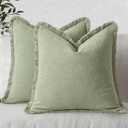 MIULEE Linen Fringe Decorative Euro Throw Pillow Covers Sage Green 22x22 | Set by MIULEE