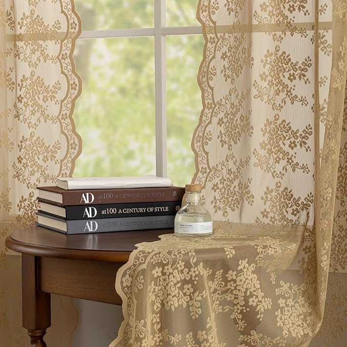 YJ YANJUN Vintage Lace Curtains 84 Inches Long-Victorian Floral Pattern Taupe by YJYANJUN