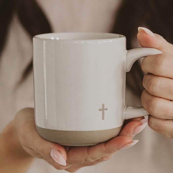 Sweet Water Decor Cross - Bottom Corner Stoneware Coffee Mugs - 14oz Cute Coffee Mugs for Hot & Cold Drinks - Dishwasher & Microwave Safe - Christian Gifts for Women and Men - Ideal Espresso Mugs