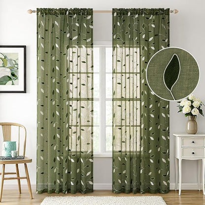 MIULEE Olive Green Sheer Curtains 2 Panels Leaf Patterned, W52 x L63 | - Image 2