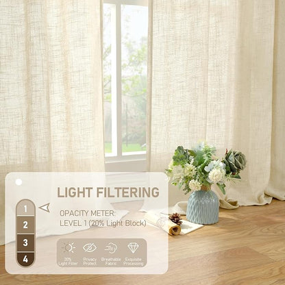 Beige Semi Sheer Beige Linen Curtains 63 inch 2 Panels, 34 x 63 Inch | Light - Image 4