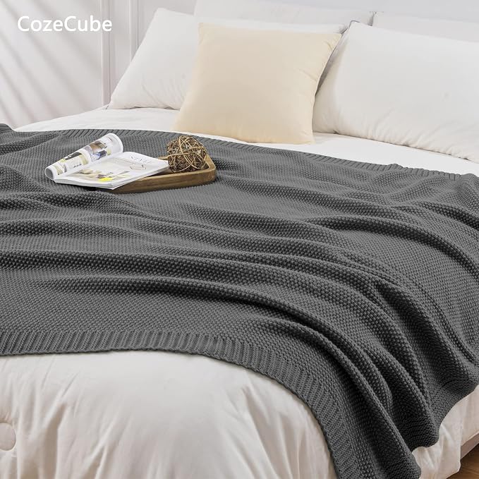 CozeCube Charcoal Grey Seed Stitch Throw Blanket 60"x80", Farmhouse Decor | - Image 2