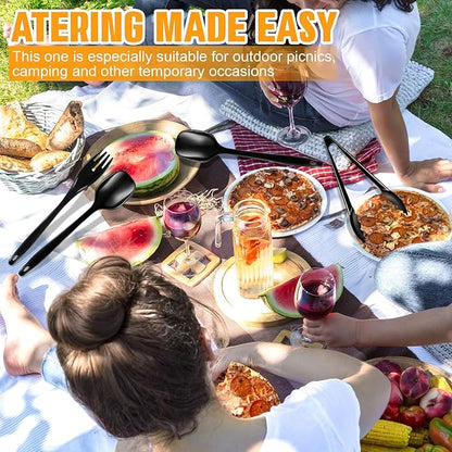 20Pcs Disposable Plastic Serving Utensils for Parties, Buffet Serving Utensils Set-8 Black Plastic Serving Spoons, 4 Tongs and 8 Forks for Catering, Entertaining and Parties