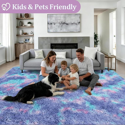 Area Rug Living Room Bedroom: 4x6 Fluffy Plush Shag Carpet Rainbow | - Image 4