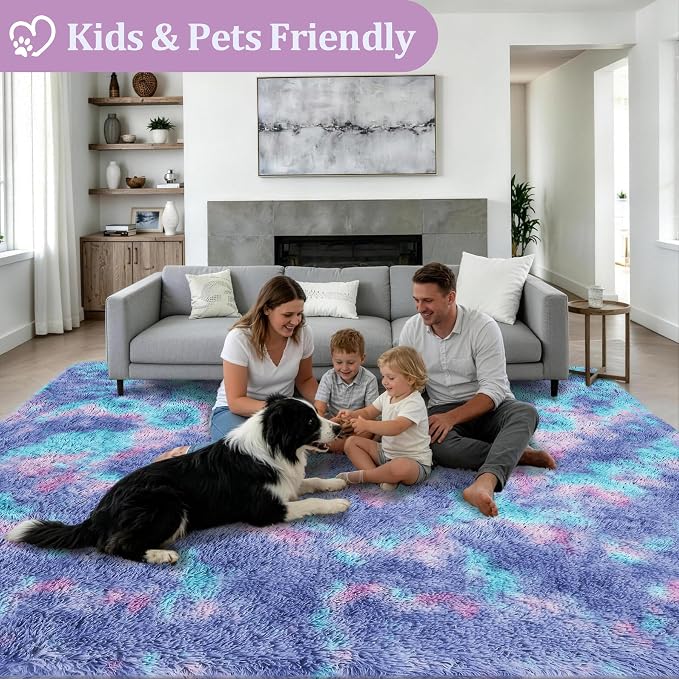 Area Rug Living Room Bedroom: 6x9 Fluffy Plush Shag Carpet Rainbow | - Image 4