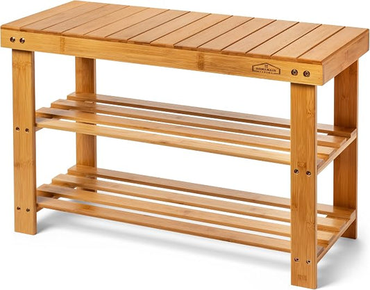 Purawood Bamboo 3 Tier Shoe Rack Bench, Premium Shoe Organizer or Entryway Bench by HomemaidLiving