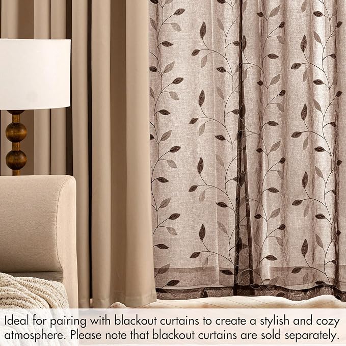 MIULEE Chocolate Brown Sheer Curtains 2 Panels Leaf Patterned, W52 x L96 | - Image 7