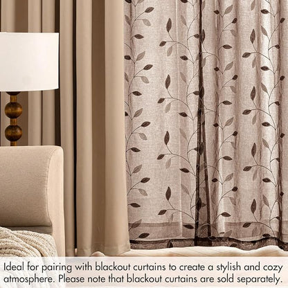 MIULEE Chocolate Brown Sheer Curtains 2 Panels Leaf Patterned, W52 x L96 | - Image 7