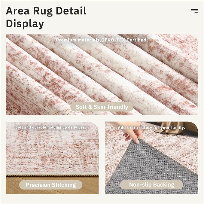 Soalmost 9x12 Area Rugs for Living Room Washable Rug Non-Slip Pink | Large - Image 5