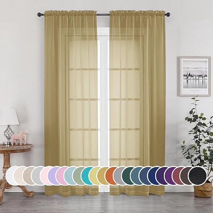 Gold Sheer Curtains 84 Inch Length 2 Panels Set, Light Filtering Voile Fimly by OWENIE