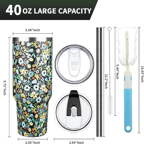 40 oz Tumbler with Lids and Straws, Stainless Steel Insulated Coffee Tumbler, Double Wall Vacuum Insulated Travel Mug Cup, Leakproof Thermal Coffee Cup for Hot and Cold Drinks (Blue Flower)