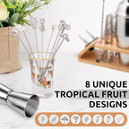 DEMIGO Fruit-Shaped Cocktail Picks, 8 Stainless Steel Reusable Skewers with Tropical Toppers - Olive Stuffers Martini Picks set Fruit Toothpicks Garnish Skewers Appetizer Drink Stick