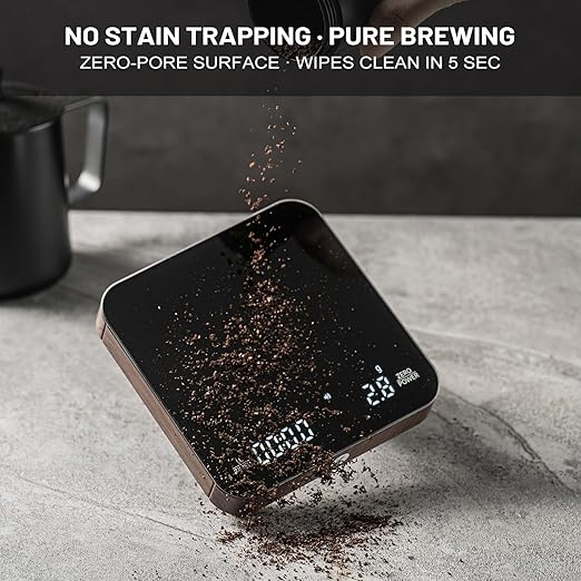 KitchenTour CaféMetric Coffee Scale with Timer 0.1g/2000g - Precision Scale for Espresso & Pour Over - Water Flow Speed Mode and Coffee Powder-to-Liquid Ratio Mode - Rechargeable, LCD Display-Wood