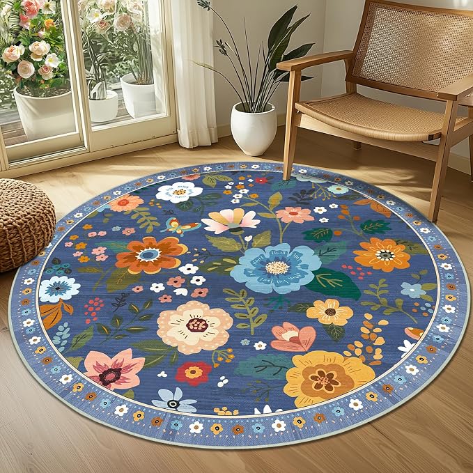 RELEANY Floral Washable Round 4ft Area Rug Blue/Grey | Flower Carpet Print Boho - Image 2