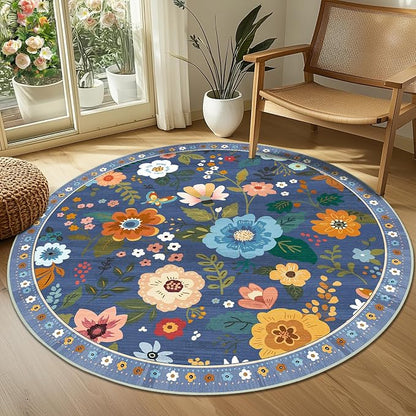 RELEANY Floral Washable Round 4ft Area Rug Blue/Grey | Flower Carpet Print Boho - Image 2