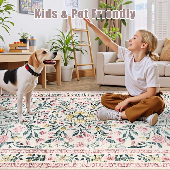 PLHXFR 2x5 Washable Runner Rug：Floral Indoor Kitchen Carpet Pink Green | - Image 6