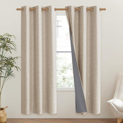 NICETOWN Cream 100% Blackout Linen Curtains 72 inch Long Burg - Image 2