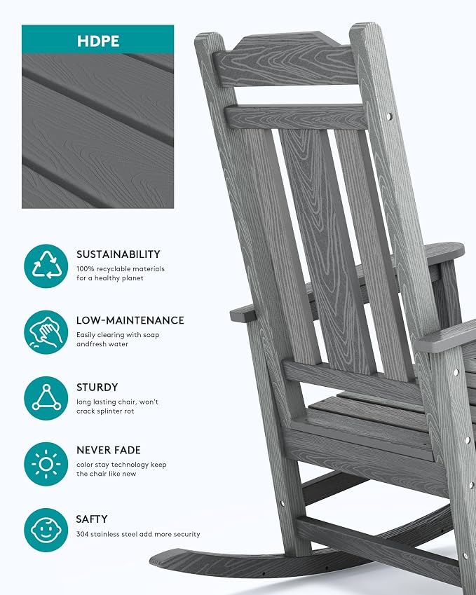 SERWALL Oversized Outdoor Rocking Chair, All Weather Patio Rocking Chair - Image 6