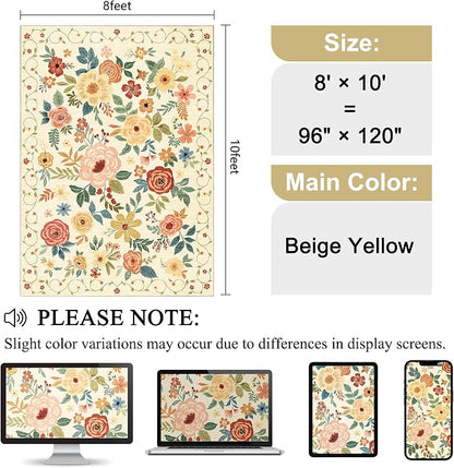 DUKINO 8x10 Area Rug, Floral Washable Living Room Rug Non Slip Beige Yellow | - Image 2