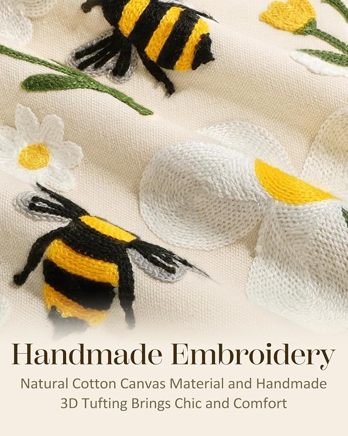 Embroidered Throw Pillow Cover 18x18 Inch, Flower Bee | Decorative Pillow Cover - Image 2