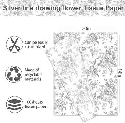 JarThenaAMCS 100 Sheets Floral Tissue Paper Silver Flower Gift Wrapping Paper Vintage Decorative Art Paper for Home Party DIY Crafts Supplies, 14 x 20 Inch