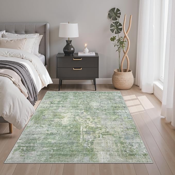 Soalmost Abstract 3x5 Rugs, Small Kitchen Entryway Area Rug Green/Ivory | - Image 3