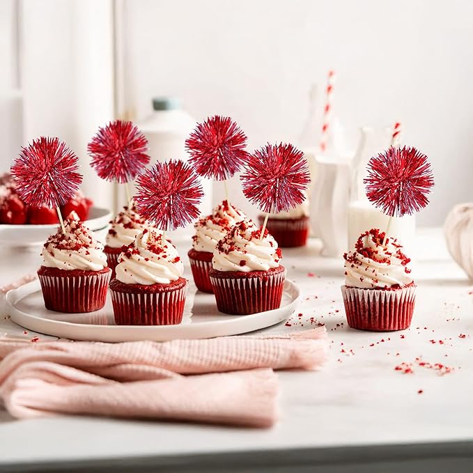 Ephlyn 30Pcs Foil Firework Cupcake Toppers Sparkle Tinsel Cupcake Picks Happy Birthday Cake Toppers Drink Stirrers Cocktail Food Fruit Toothpicks for Baby Shower Birthday Party Supplies Red