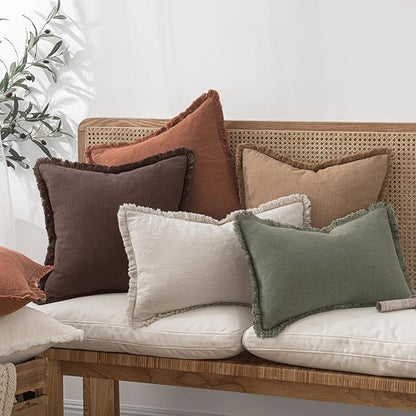 MIULEE Linen Fringe Decorative Fall Euro Pillow Covers Dark Brown 22x22 | Set - Image 2