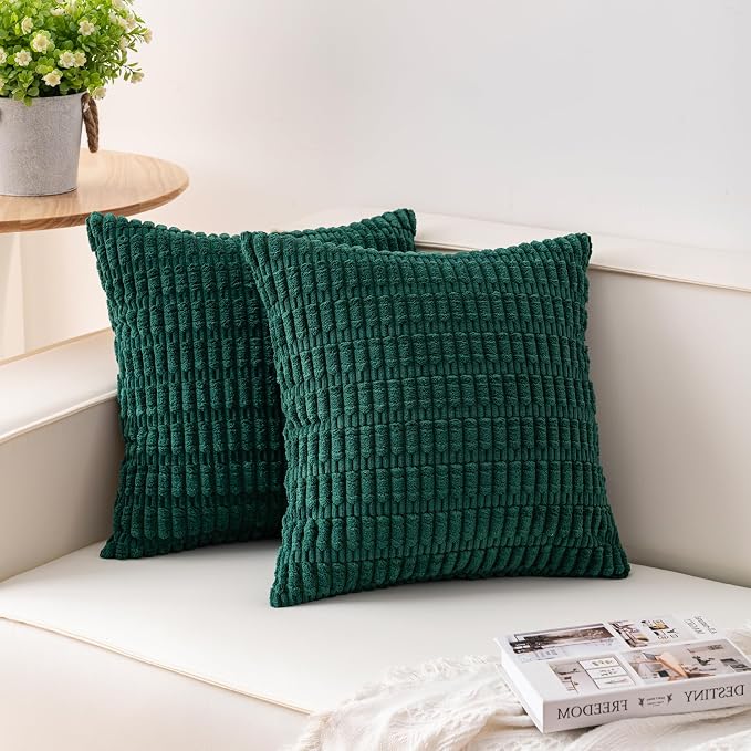 Pack of 2 Corduroy Decorative Throw Pillow Covers 18x18 Inch, Dark Green | Fall by Unknown