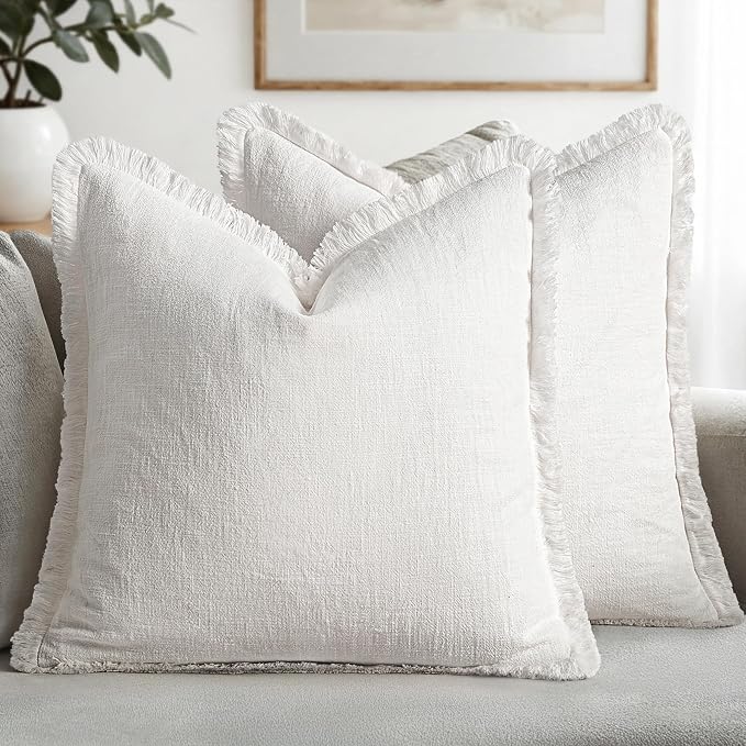 MIULEE Boho Linen Fringe Decorative Euro Throw Pillow Covers White 26x26 | Set by MIULEE