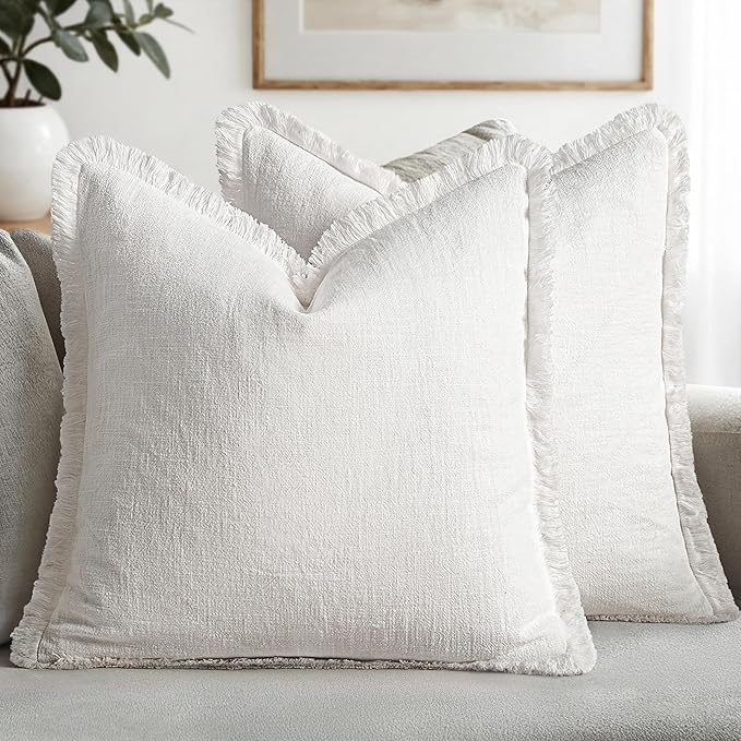 MIULEE Boho Linen Fringe Decorative Throw Pillow Covers White 18x18 | Set of 2 by MIULEE