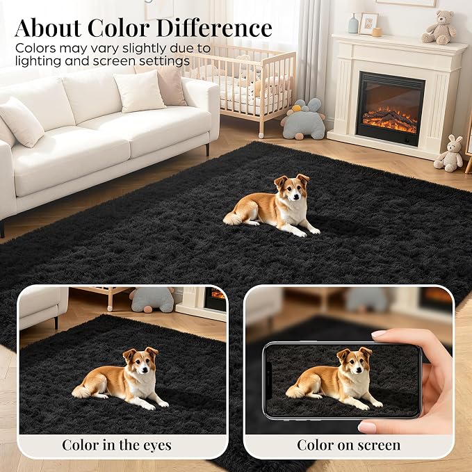 PLHXFR 4x6 Area Rugs Living Room: Fluffy Bedroom Rug Shag Carpet Black | - Image 7