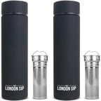 London Sip Multi-Purpose Travel Mug and Tumbler Fruit Infused Flask Hot and Cold Double Wall Stainless Steel Thermos with Extra-Long Infuser, Zen Black, Pack of 2