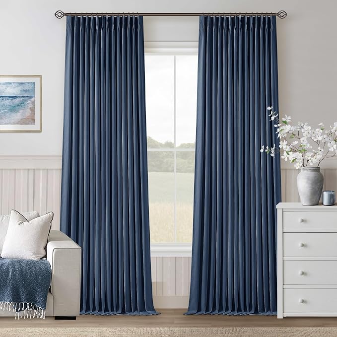 Navy Blue Blackout Linen Curtains 108 Inches Long by Twodrapes