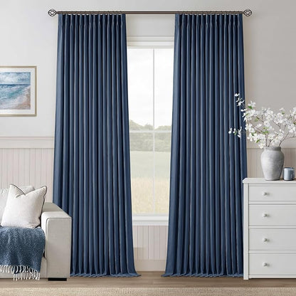 Navy Blue Pleated Linen Blackout 102 Inch Curtains - Image 9