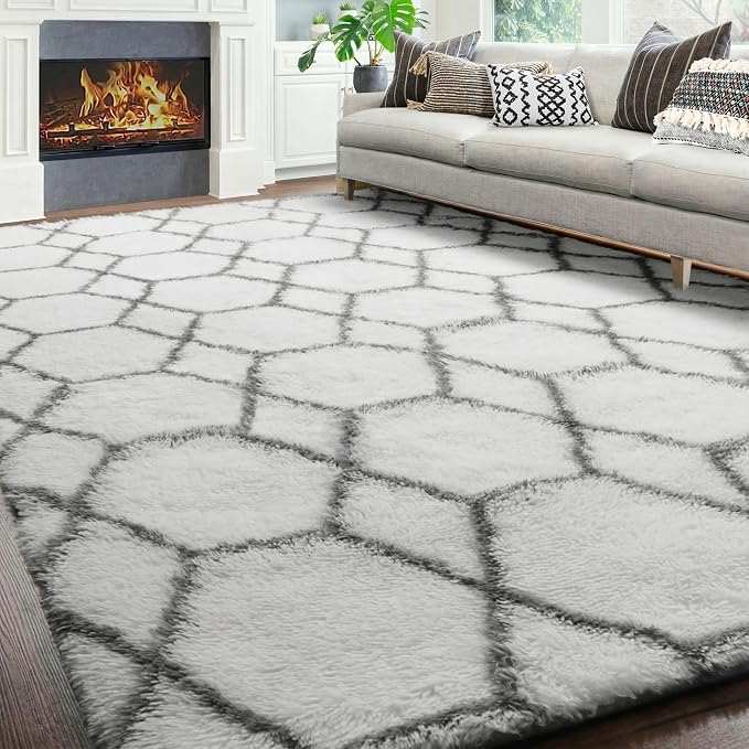 5x7 Area Rugs for Living Room Bedroom, Fluffy White and Grey Geometric Rug | - Image 7